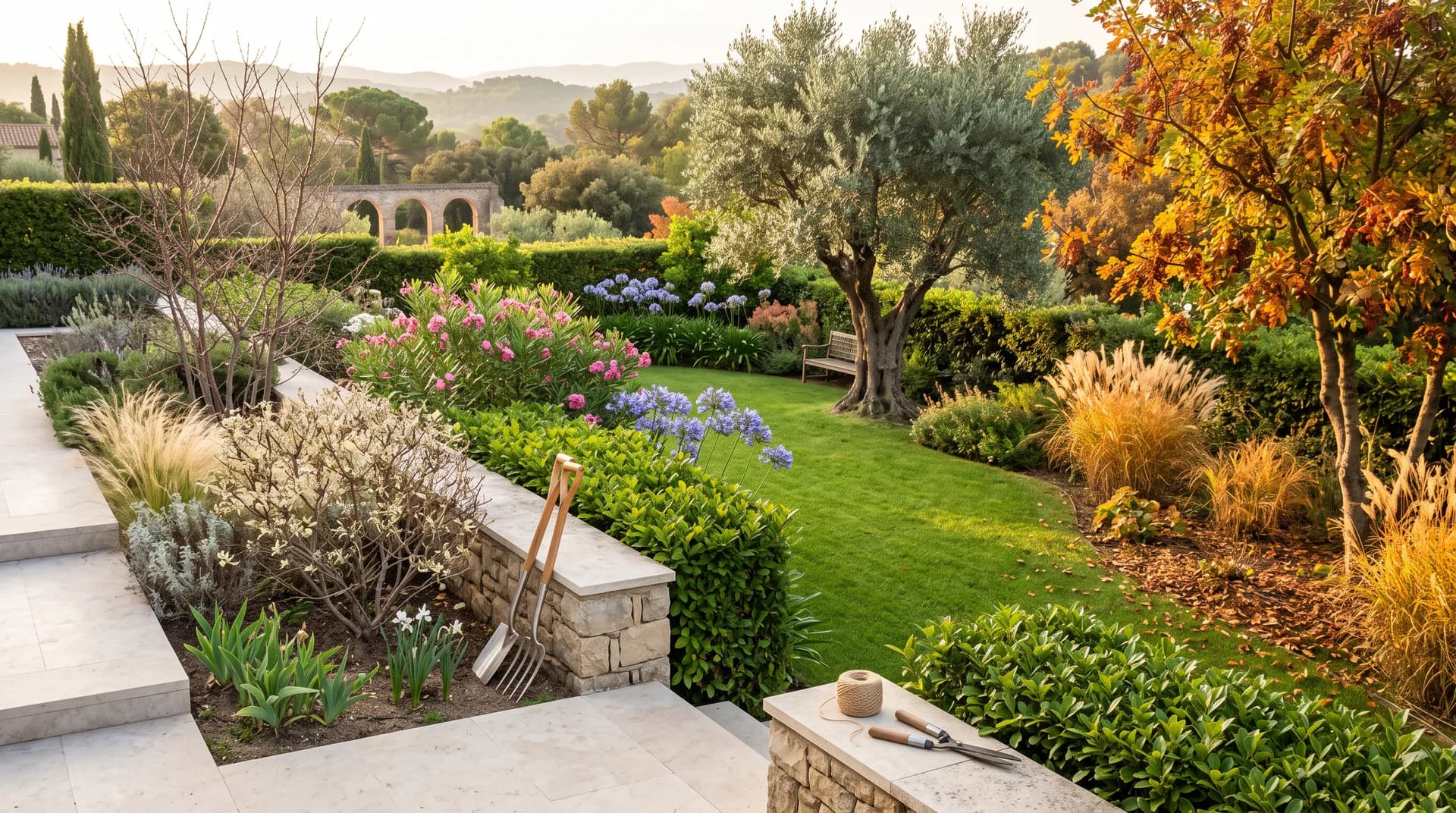 Herramientas y plantas preparadas para el mantenimiento anual del jardín