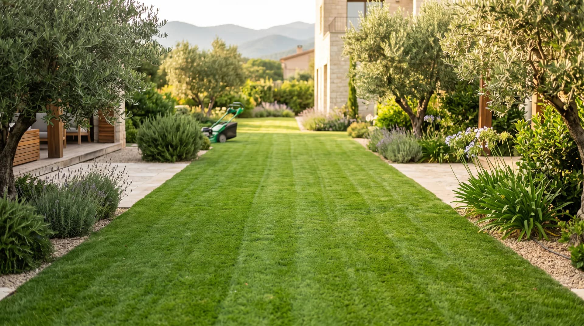 Césped verde bien cuidado durante el verano en Girona