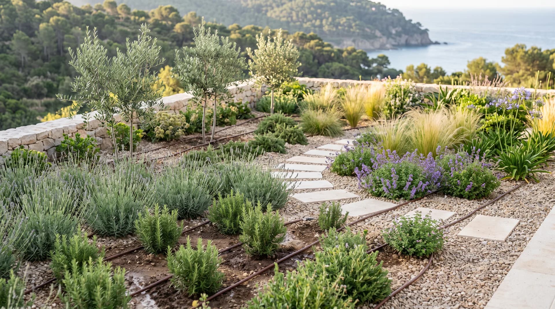 Jardín mediterráneo con plantas agrupadas según sus necesidades de agua